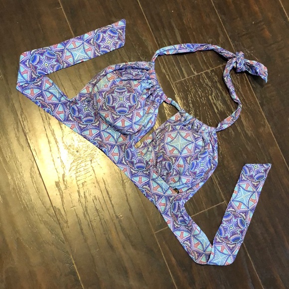 Aqua, geometric pattern, halter bikini top - Picture 2 of 3